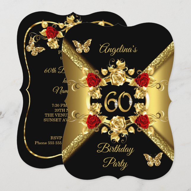 Invitation 60e anniversaire Elegant Or Roses rouges Noir (Devant / Derrière)