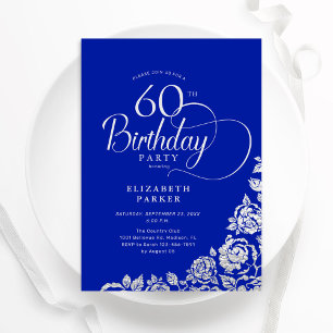 Invitation 60e anniversaire Elégant Royal Blue Roses d'argent