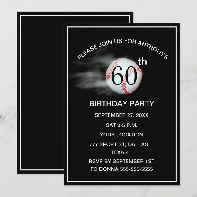 Invitation 60e Anniversaire Fête Baseball Black Papa Sport (Devant / Derrière)