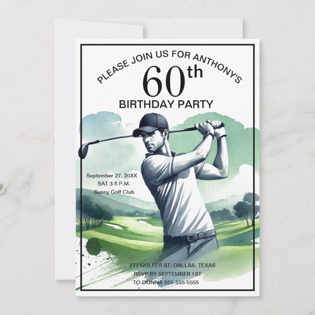 Invitation 60e Anniversaire Fête Golfer Sports Par Adult Golf (Devant)