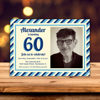 Invitation 60e Anniversaire Fête Retro Bleu Stripes Homme Pho