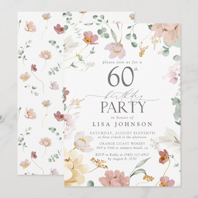 Invitation 60e anniversaire Fleurs d'aquarelle rose pâle (Devant / Derrière)