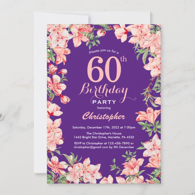 Invitation 60e anniversaire Fleurs florales roses Violet viol (Devant)