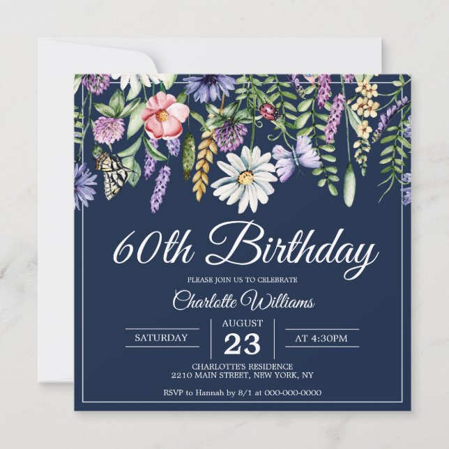 Invitation 60e anniversaire Fleurs sauvages Elégant Marine Bl (Devant)