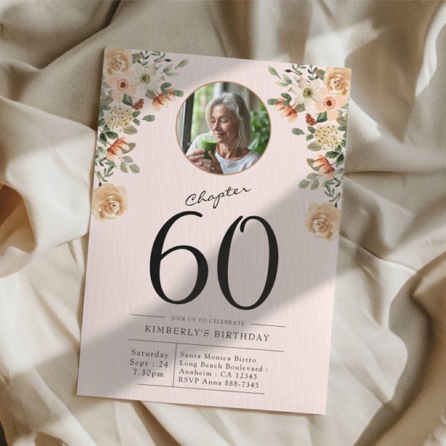 Invitation 60e anniversaire Floral Photo Party (Custom 60th birthday party  invitation on a cloth background)