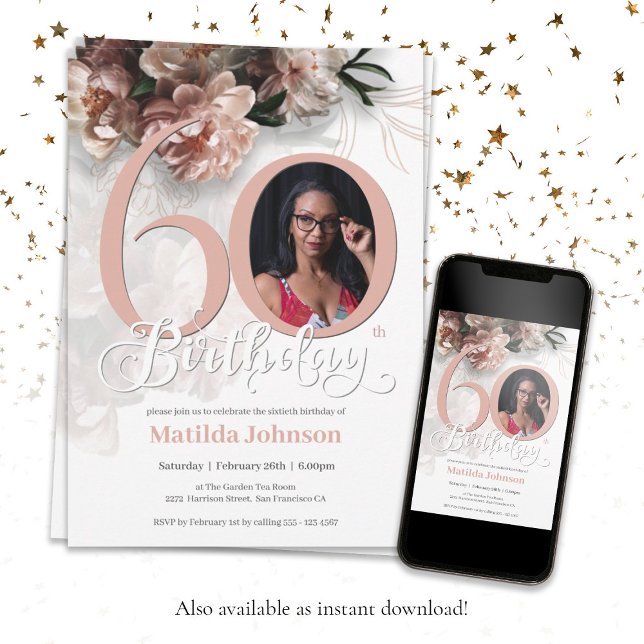 Invitation 60e anniversaire Floral rose Photo personnalisée É (60th Birthday Floral Pink Custom Photo Elegant Invitation)