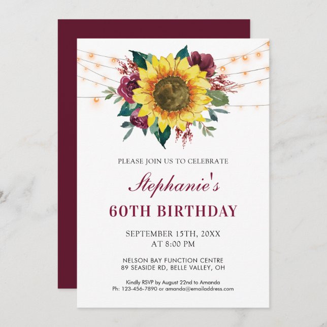 Invitation 60e anniversaire Floral Sunflower String Lights Pa (Devant / Derrière)