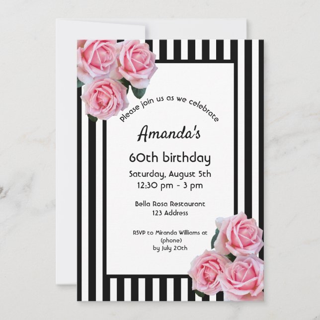 Invitation 60e anniversaire florale rose sur bandes blanches  (Devant)