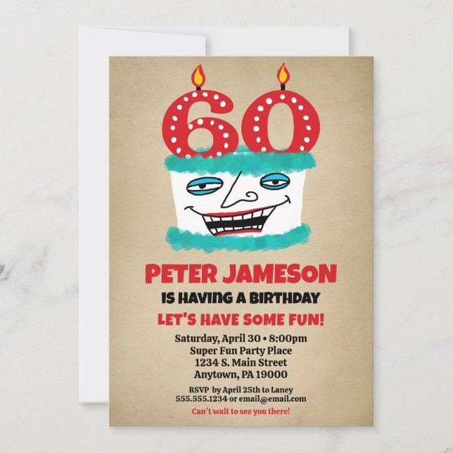 Invitation 60e anniversaire Funny Cake Mens Décont (Devant)