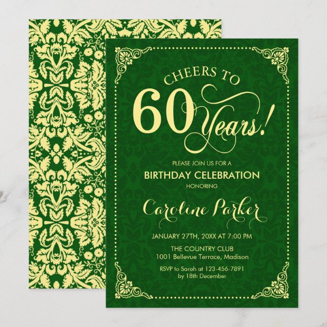 Invitation 60e anniversaire - Gold Green Damask (Devant / Derrière)