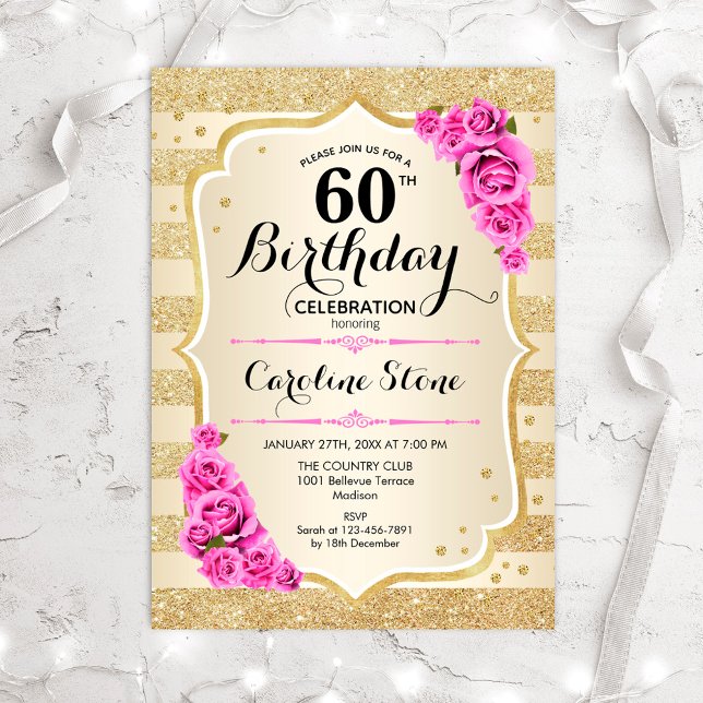 Invitation 60e Anniversaire Gold Stripes Roses Rose (Créateur téléchargé)