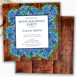 Invitation 60e Anniversaire Hydrangeas Bleu Bois Fête Rustiqu