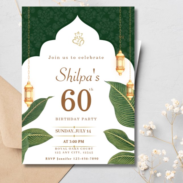 Invitation 60e anniversaire Indien Ethnic Green Gold Annivers (Créateur téléchargé)