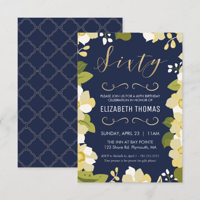 Invitation 60e anniversaire Invitation, Personnaliser Floral, (Devant / Derrière)