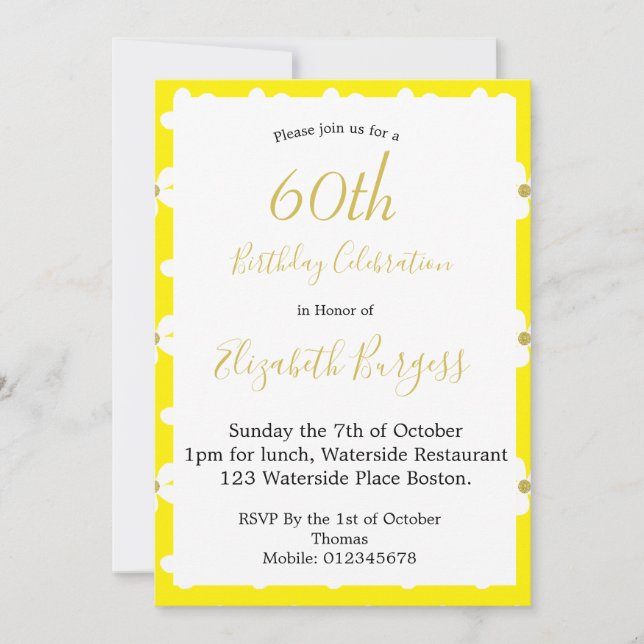 Invitation 60e Anniversaire Jaune Simple Marguerite Or Jalon (Devant)