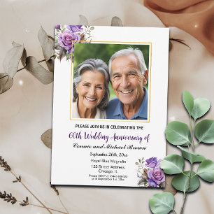 Invitation 60e anniversaire Mariage Gold Frame Roses violets