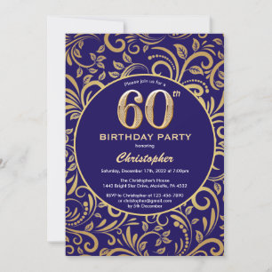 Invitation 60e anniversaire Marine bleu et or modèle floral