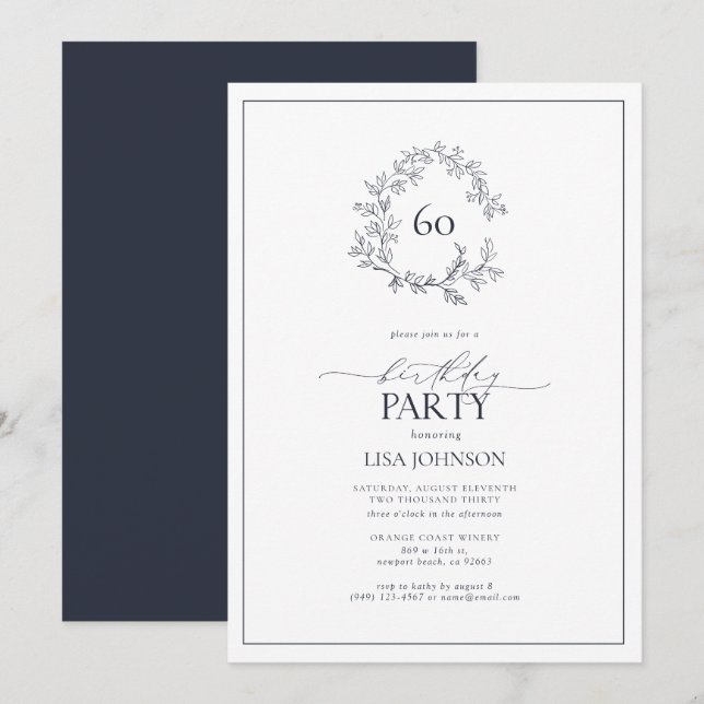 Invitation 60e anniversaire Marine moderne Blue Leafy Crest (Devant / Derrière)