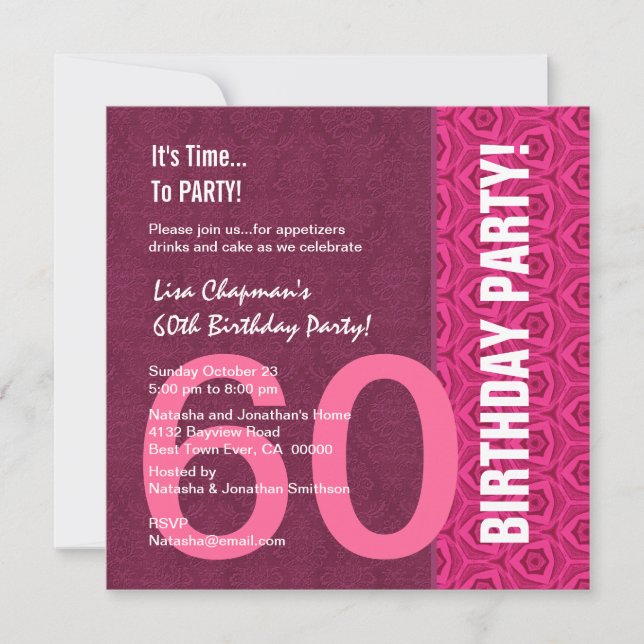Invitation 60e anniversaire Moderne rose et vin C949A (Devant)