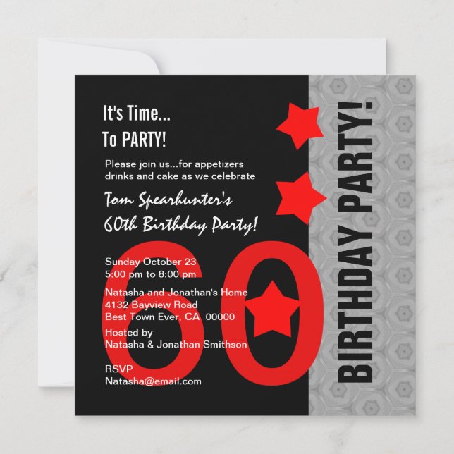 Invitation 60e anniversaire moderne rouge argent noir drôle A (Devant)