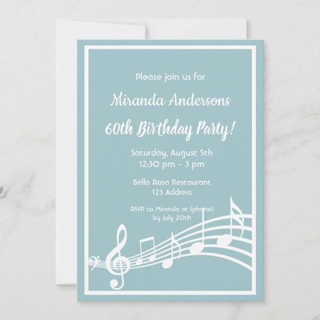 Invitation 60e anniversaire musique note turquoise bleu (Devant)
