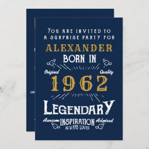 Invitation 60e anniversaire Né 1962 Blue Gold Retro Invitatio