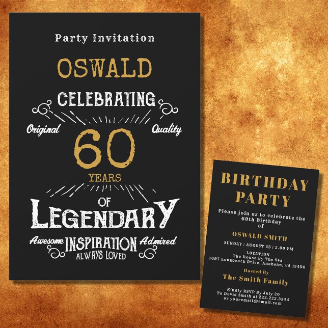 Invitation 60e anniversaire Né légendaire Black Gold Retro (For those celebrating their 60th birthday we have the ideal birthday party invitation)