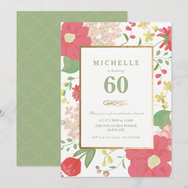 Invitation 60e Anniversaire - Or, Elégant Floral (Devant / Derrière)
