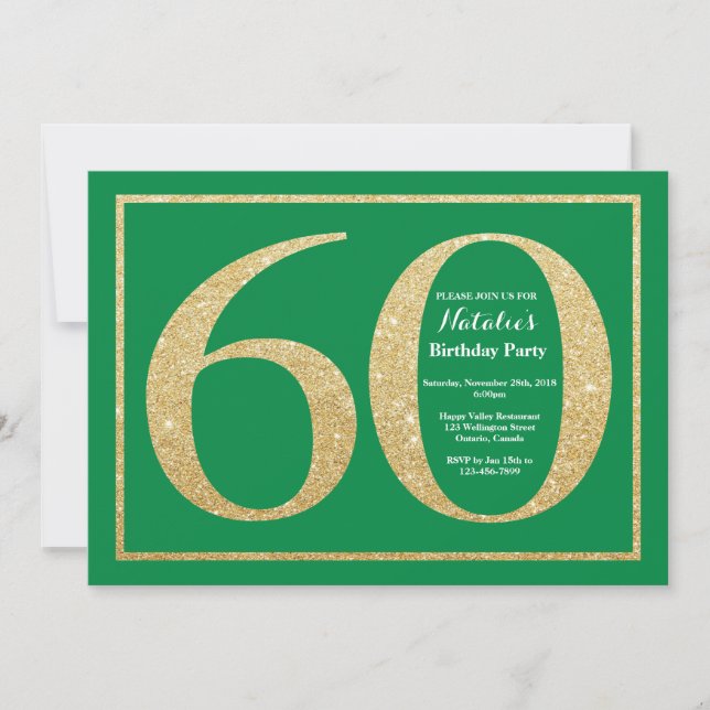 Invitation 60e anniversaire Parties scintillant verte et or (Devant)
