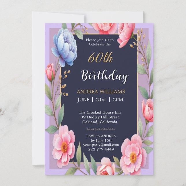 Invitation 60e anniversaire Peonny Flower Rose Fleurs sauvage (Devant)