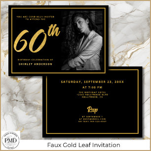 Invitation 60e anniversaire Photo Black Faux Gold Leaf Élégan