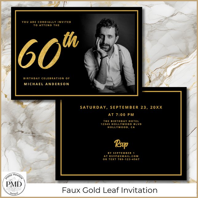 Invitation 60e anniversaire Photo Black Gold Elegant (60th Birthday Black and Gold Photo Invitation with Faux Gold Leaf, Party Details on the Back.)