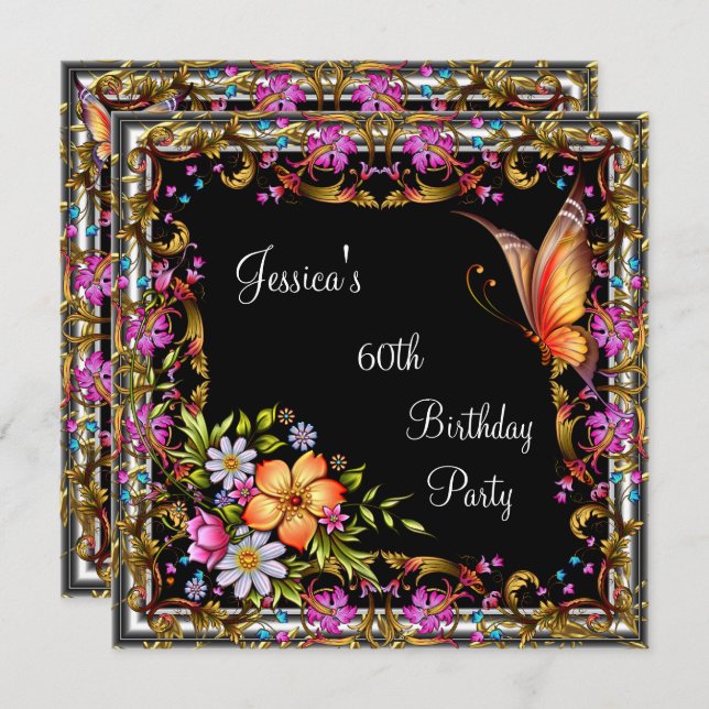 Invitation 60e anniversaire Pink Floral Butterfly Gold Black  (Devant / Derrière)