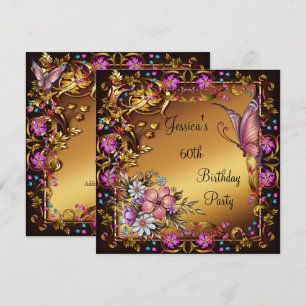 Invitation 60e anniversaire Pink Floral Butterfly Gold Black