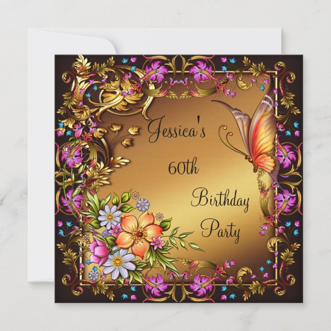 Invitation 60e anniversaire Pink Floral Butterfly Gold Black  (Devant)