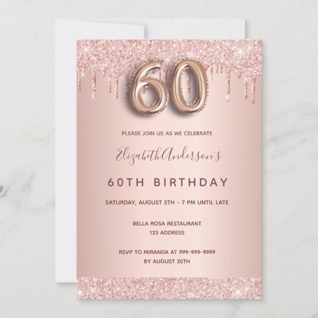 Invitation 60e anniversaire rose parties scintillant or goutt (Devant)