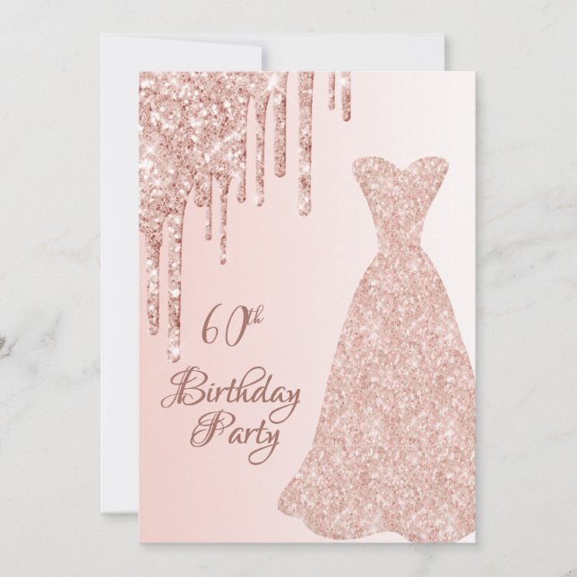 Invitation 60e anniversaire rose robe d'or parties scintillan (Devant)