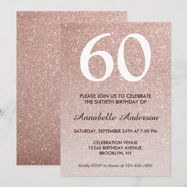 Invitation 60e anniversaire Rose Rose Parties scintillant or  (Devant / Derrière)
