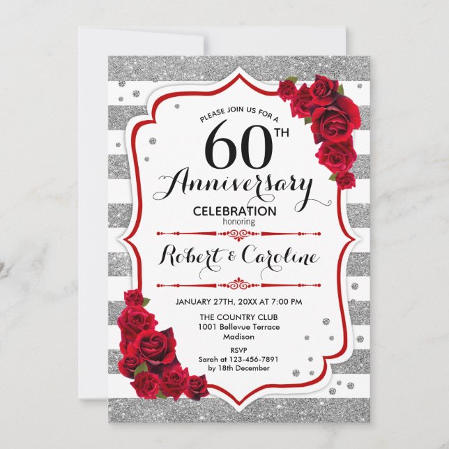 Invitation 60e anniversaire - Roses rouges blanches argentées (Devant)