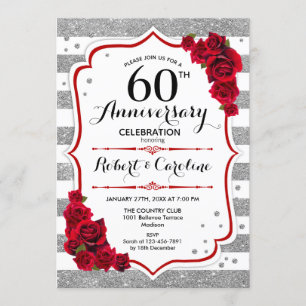 Invitation 60e Anniversaire - Roses Rouges Blanches Argentées
