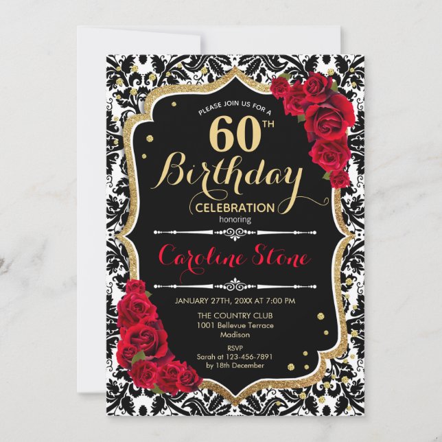 Invitation 60e anniversaire - Roses rouges Or noir Damas (Devant)