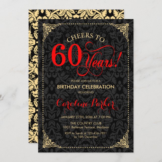 Invitation 60e anniversaire - Rouge Gold Black Damask (Devant / Derrière)