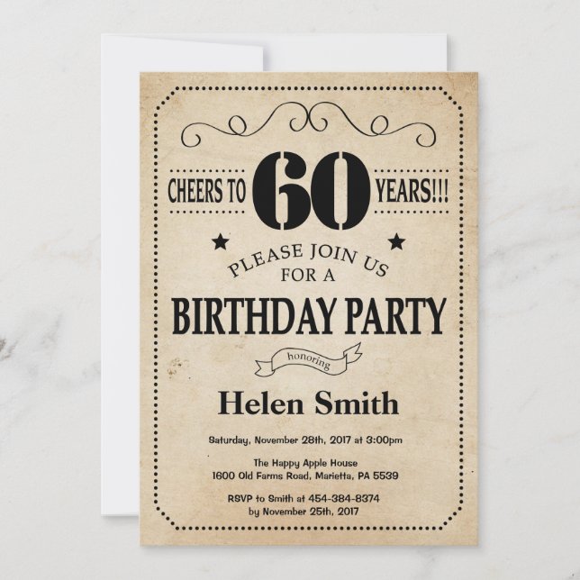 Invitation 60e anniversaire Rustic Vintage Retro (Devant)
