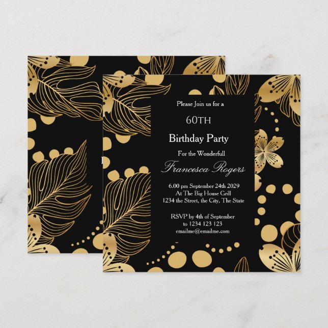Invitation 60e Anniversaire Soirée Gold Black Carré Invitatio (Devant / Derrière)
