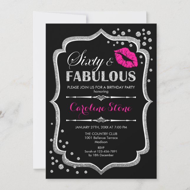Invitation 60e anniversaire - Soixante fabuleux noir rose arg (Devant)