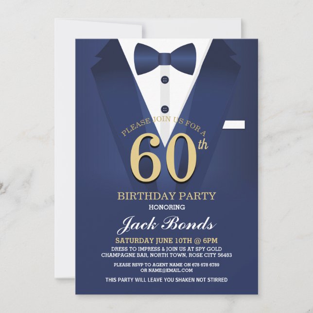 Invitation 60e Anniversaire Spy Suit Black Cravate Gold Marin (Devant)
