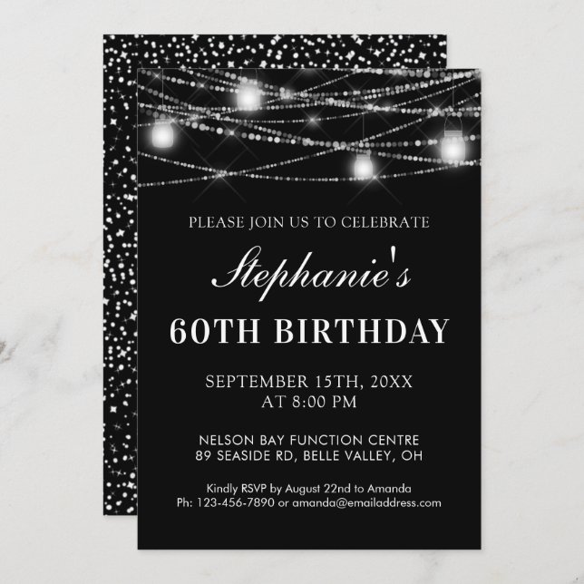 Invitation 60e anniversaire String Lights Jars Noir Blanc (Devant / Derrière)