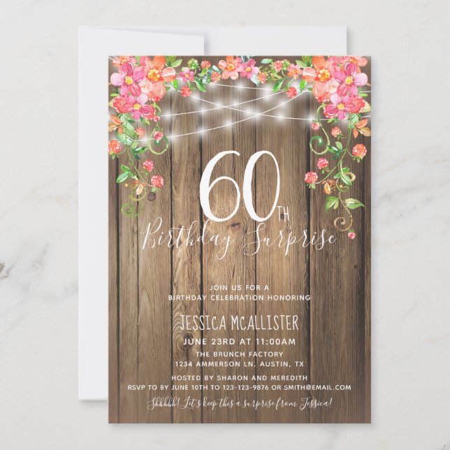Invitation 60e anniversaire Surprise Brunch Rustic Floral Woo (Devant)