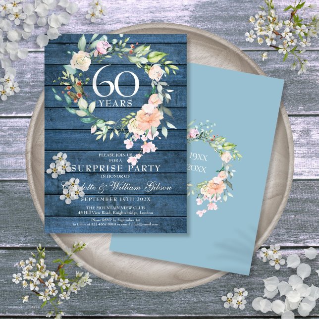 Invitation 60e anniversaire Surprise Party Floral Blue Rustic (60th Anniversary Surprise Party Floral Blue Rustic Invitation)