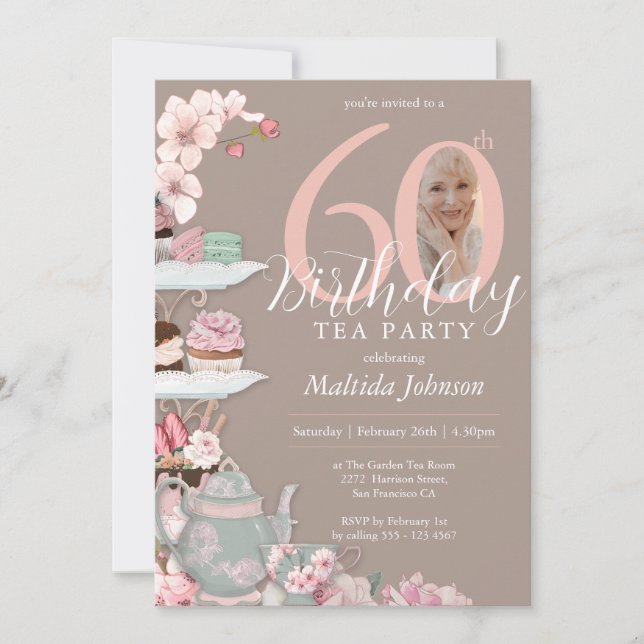 Invitation 60e anniversaire Tea Party Floral rose Photo perso (Devant)